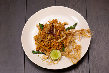 close up homemade Tom Yum Pasta. (Selective Focus)