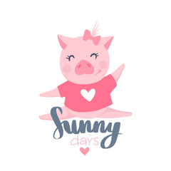Cute vector pig. Cartoon illustration with funny animal. Sunny days