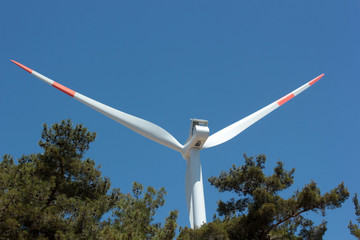 Tribune of the wind into the blue sky. Sustainable energy.