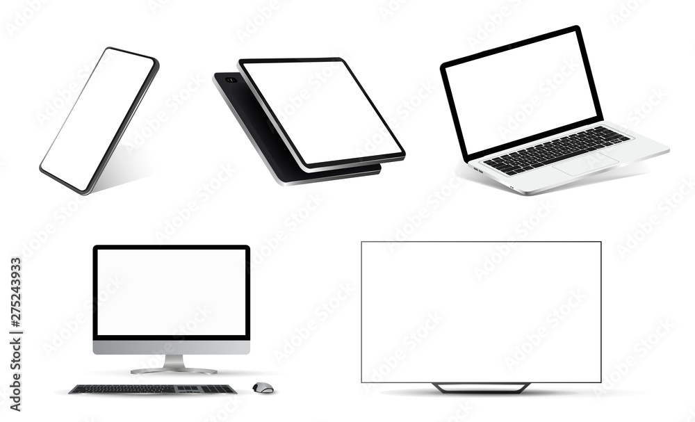 Poster Nice mockups collection realistic devices. Smartphone, tablet, laptop, PC and TV. 3D realistic models of devices from different angles. Mockup gadgets set. Vector template for you presentation.