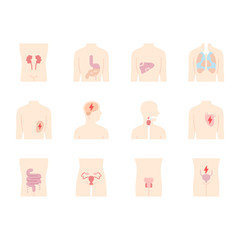 Ill human organs flat design long shadow color icons set. Sore heart and lungs. Aching urinary bladder. Unhealthy liver and intestines. Sick internal body parts. Vector silhouette illustrations