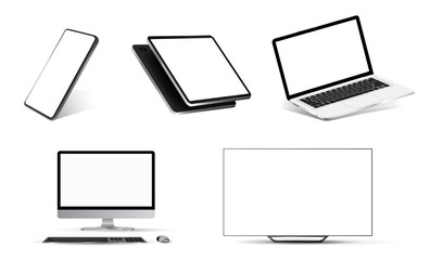 Nice mockups collection realistic devices. Smartphone, tablet, laptop, PC and TV. 3D realistic models of devices from different angles. Mockup gadgets set. Vector template for you presentation.