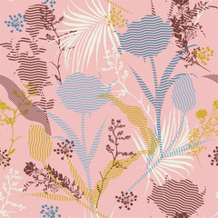 Vector botanic silhouette floral seamless pattern on modern colorful stripe Fill-in, delicate  wallpaper, wild flowers wallpaper