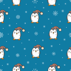 Winter seamless pattern with cute penguins and snowflakes on blue background. Vector contour colorful image.