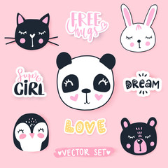 Vector set with cartoon animals - panda, penguin, cat, bear, bunny.