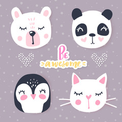 Vector set with cartoon animals - panda, cat, bear, bunny. Adorable animals and inscriptions.