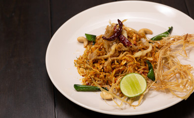 close up homemade Tom Yum Pasta. (Selective Focus)