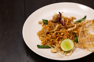 close up homemade Tom Yum Pasta. (Selective Focus)