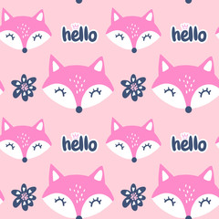 Cute red fox seamless pattern. Vector animals background. All over print with Hand drawn cartoon foxes.
