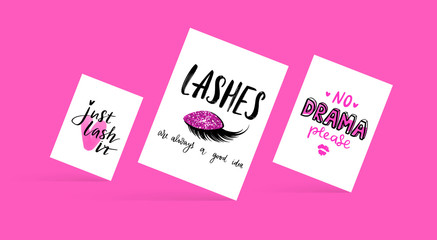 Set with fashion cards with inspiration quote about girls, lashes, makeup.