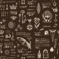 Vector seamless pattern in vintage style on theme of alchemy, magic, witchcraft and mysticism with sketches, various esoteric and occult symbols. The Latin words Spirit, Land, Secret, Interior, Stone - obrazy, fototapety, plakaty