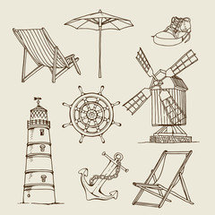 Travel vector set, hand drawn vintage sketch elements collection isolated on beige background
