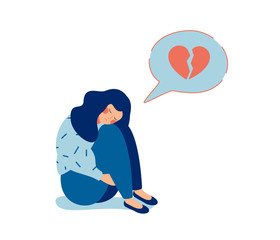 Young sad woman with broken heart unhappy hugging her knees and cry. Woman in depression with gloomy thoughts in speech bubble. Vector