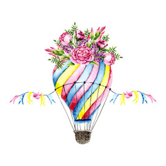 Watercolor air balloon with bouquet. Colorful illustration isolated on white. Hand painted airship with flowers perfect for children's wallpaper, fabric textile, vintage design, card making