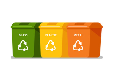 Colorful Garbage containers for glass, plastic, metal rubbish. Waste recycling management concept. Multi-colored tanks each for its own type of trash.Vector trash bins icons isolated from white