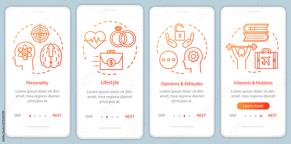 Wall mural psychographics targeting orange gradient onboarding mobile app page screen vector template. walkthro