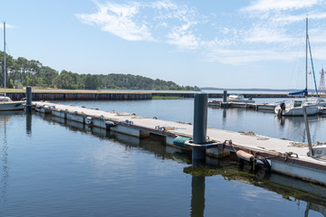boat pontoon port on Lacanau Lake harbor in Gironde France