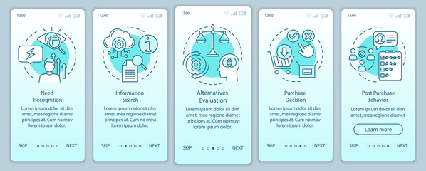 Naklejka premium Buying decision process turquoise gradient onboarding mobile app page screen vector template. Purchasing items walkthrough website with linear illustrations. UX, UI, GUI smartphone interface concept