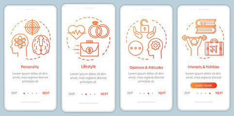Naklejka premium Psychographics targeting orange gradient onboarding mobile app page screen vector template. Walkthrough website steps with linear illustrations. UX, UI, GUI smartphone interface concept