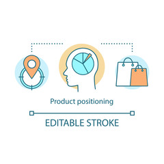 Product positioning concept icon. Brand promotion strategy idea thin line illustration. Shopping, buying, purchasing items vector isolated outline drawing. Editable stroke