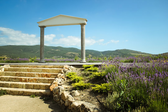 The wonderful Greek arch. amazing views of the vineyards and mountains of Crimea and flowering lavender. beautiful landscape of mountains and grapes and lavender