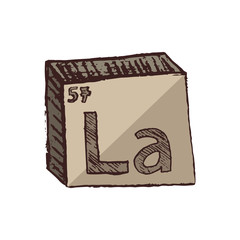 Vector three-dimensional hand drawn chemical silvery brown symbol of metal lanthanum – rare earth element with an abbreviation La from the periodic table of the elements isolated on a white background