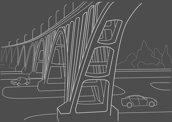 Linear architectural sketch arches viaduct on gray background
