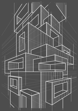 abstract linear architectural sketch of abstract multi storey modern building on gray background