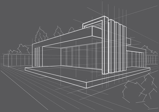 abstract architectural linear sketch modern cottage on gray background