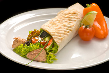 Chicken doner kebab and fresh vegetables in roll of pita bread lavash - Durum Chicken Doner Kebab