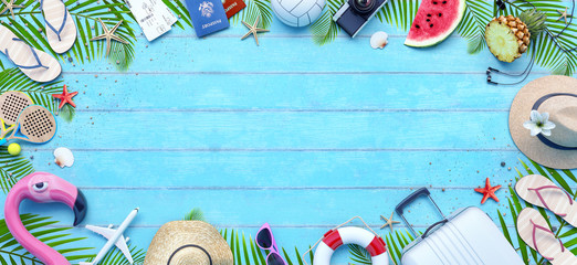 Summer beach accessories on blue wood background 3D Rendering