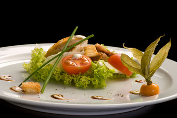 Grilled chicken meat with salad and cherry tomatoes in a white plate.
