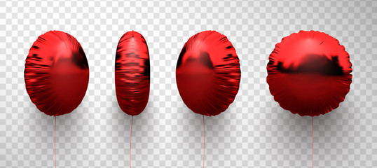 Set of 3d red shiny foil balloons isolated on transparent background.