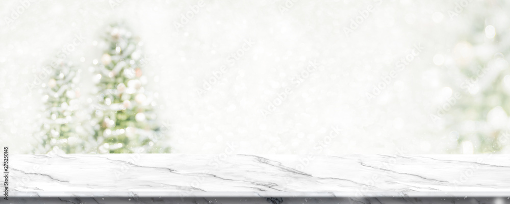Fototapete empty white marble table top with abstract warm living room decor with christmas tree string light b