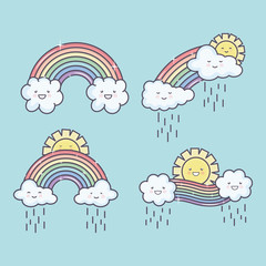 cute summer sun and clouds rainy with rainbow kawaii characters