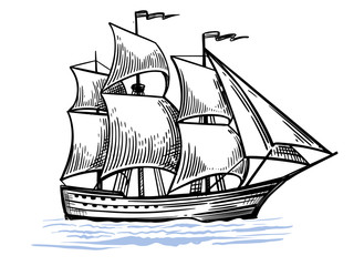 Black and white sketch of sailing old ship
