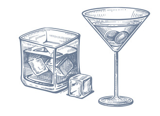 Alcohol drink in different glass isolated on white background