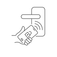 Hand hold smartphone and open the door with app installed on the phone. Concept of security of smart home. Editable Stroke. EPS 10.