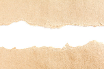 Two torn piece of brown cardboard on white background with space for text.