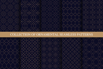 Collection of ornamental seamless stylish patterns. Grid geometric luxury blue backgrounds. Linear rich golden textures