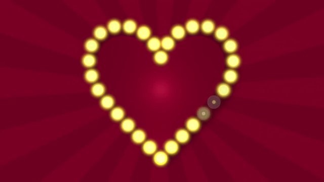 Love heart flashing blubs on red sunbeam background, retro style neon light. Loop animation background. Love, marriage concept