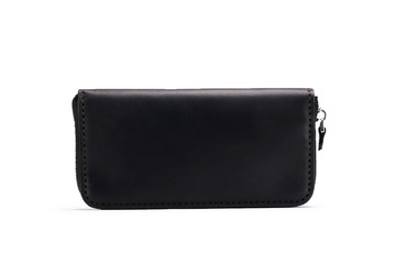 Beautiful black leather wallet with zipper isolate on white