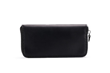 Fototapeta premium Beautiful black leather wallet with zipper isolate on white