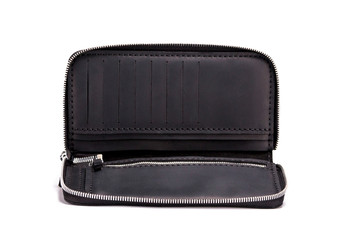 Beautiful open black leather wallet with zipper isolate on white
