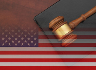 usa law concept, wooden gavel and legal book on table with usa flag