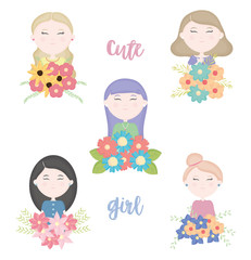 group of cute girls with floral bouquet characters