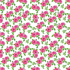 Seamless pattern of pink roses and green leaves on the white background. Painted of markers. Endless elements for your greeting cards, textile, design, wedding announcements. 