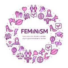 Feminism Signs Round Design Template Thin Line Icon Concept. Vector