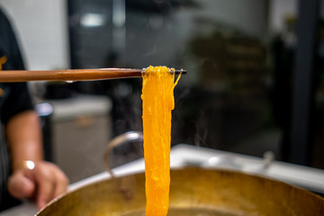 Close up homemade Dessert made from egg yolks or Thai desserts. (Selective focus)