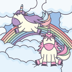 cute adorable unicorns with clouds and rainbow characters